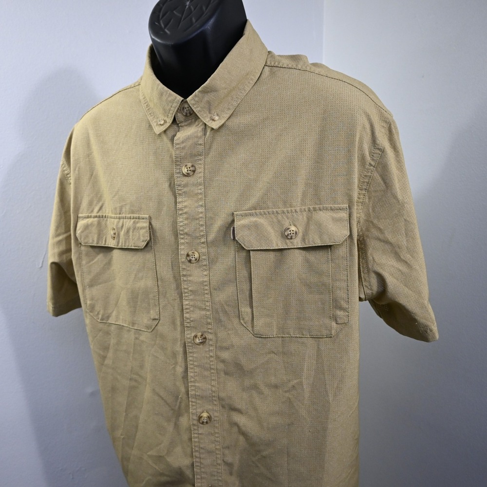 Duluth Trading Co Button Up Mens XL Relaxed Fit Tan Short Sleeve Pockets‎